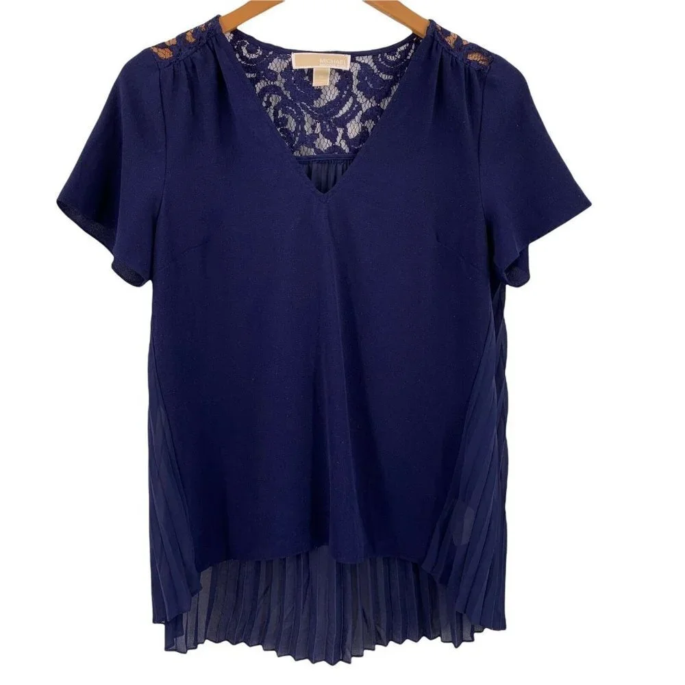 Michael Kors Navy Blue Crepe and Lace Pleated Back Short Sleeve Top Size Medium